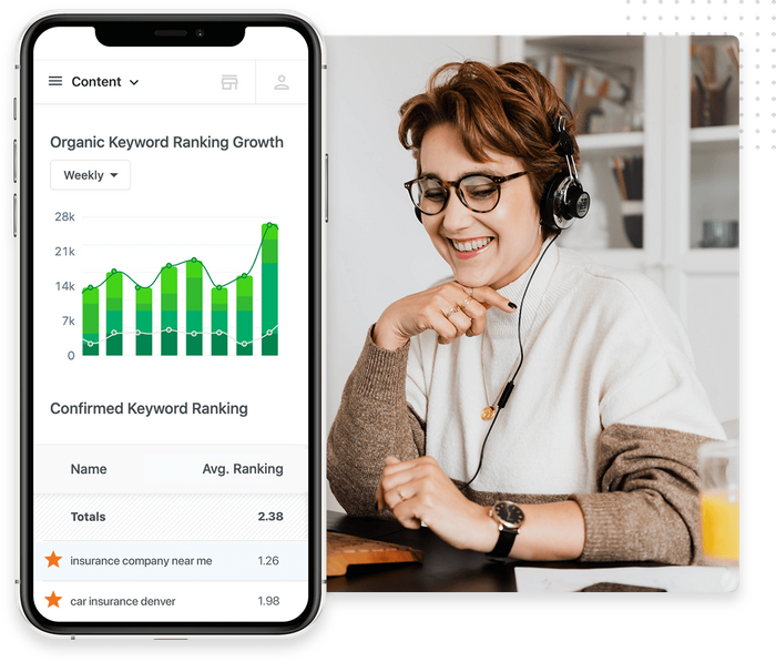 Smiling woman wearing headphones overlaid with SEO keyword ranking chart SEO keyword ranking growth chart