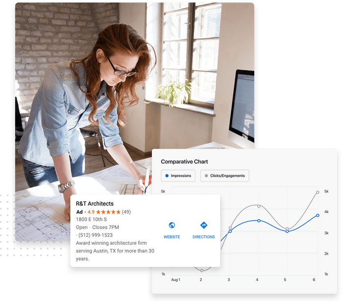 Architect working on blueprints overlaid with lead chart and an architecture firm Google search ad Local search advertising for architect