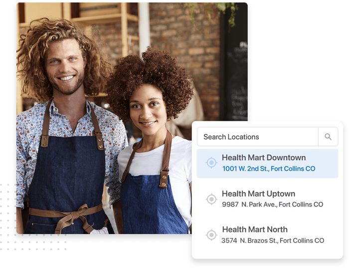 Coworkers in aprons smiling overlaid with Top Rated Local® locations management tab Small business listings management