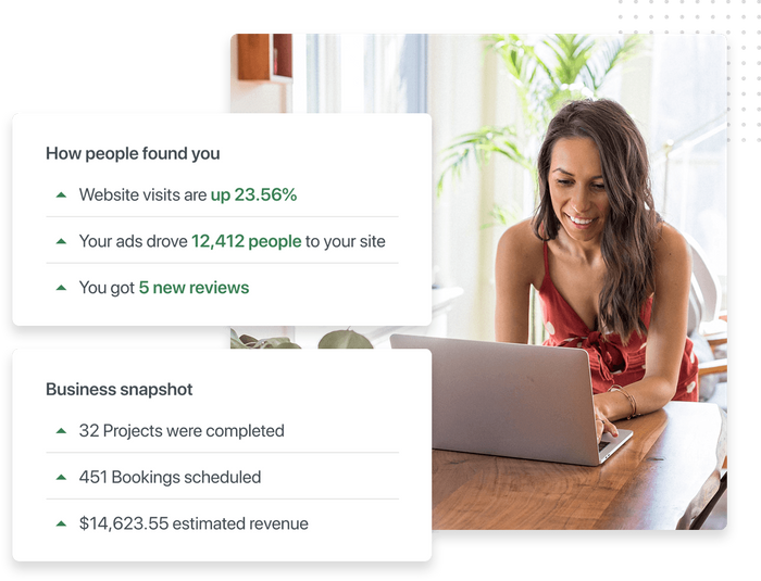 Smiling woman working on a laptop overlaid with digital marketing reporting and business snapshot Website traffic analytics