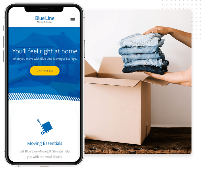 A stack of jeans being loaded into a moving box overlaid with a smartphone displaying a moving company website Mobile moving company website