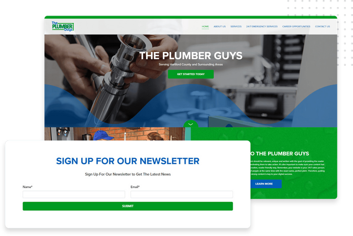 Plumber website overlaid with a newsletter signup form Plumber website newsletter sign-up
