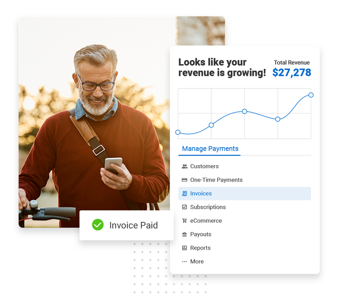 Smiling man looking at smartphone overlaid with a checkmark that says 'invoice paid' and a revenue growth chart Accountant payments software