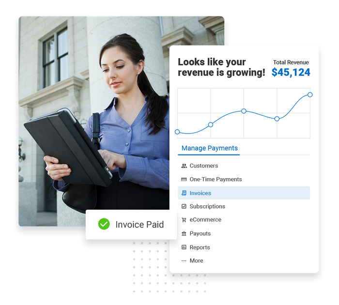 Female lawyer using a tablet overlaid with a checkmark that says 'invoice paid' and a revenue growth chart from Intelligence Law firm payments software