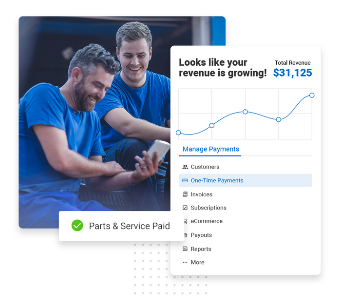 Two smiling men looking at a phone overlaid with revenue growth chart and a checkmark that says "parts & service paid' Auto shop payments software