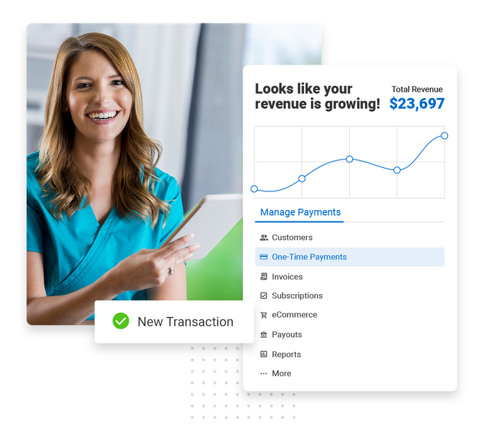 Smiling chiropractor with notepad overlaid with revenue growth chart and a checkmark that says "New transaction' Chiropractor payments software
