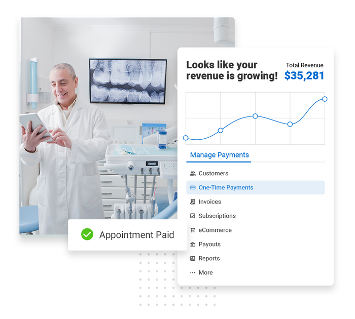 Smiling dentist looking at tablet overlaid with revenue growth chart and a checkmark that says "Invoice paid Dental payments software