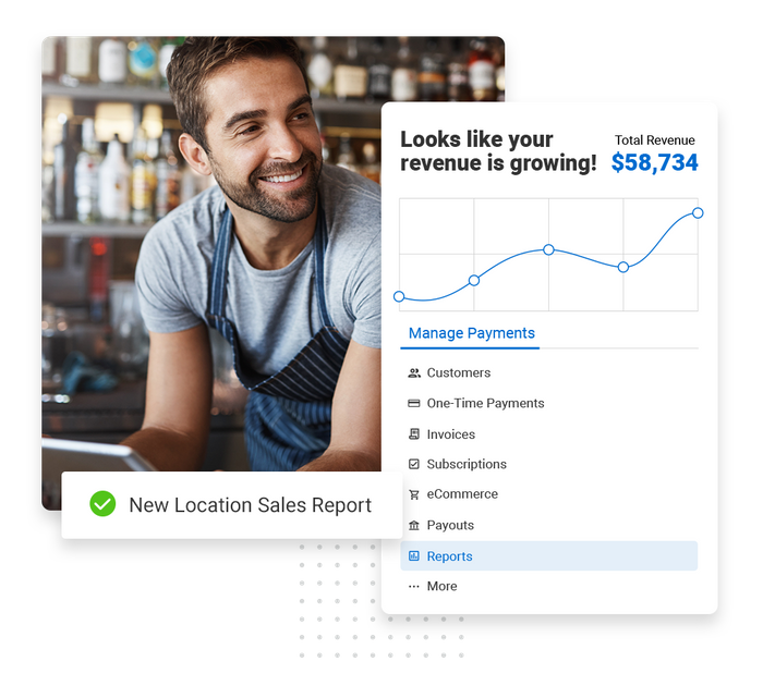 Smiling man in a bar overlaid with revenue growth chart and a checkmark that says "new location sales report" Franchise payments software
