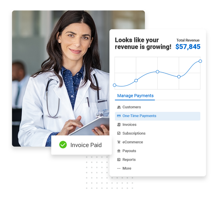 A doctor looking at a clipboard overlaid with revenue growth chart and a checkmark that says "Invoice paid medical payments software