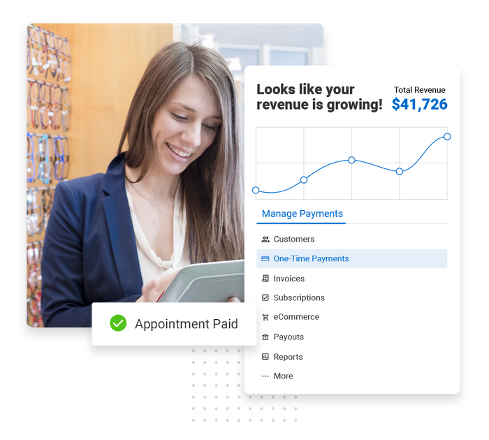 Smiling patient overlaid with a revenue growth chart and a checkmark that says "Appointment paid Eye doctor payments software