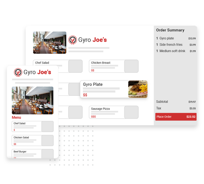 An online order summary for a restaurant overlaid with a menu restaurant payment software