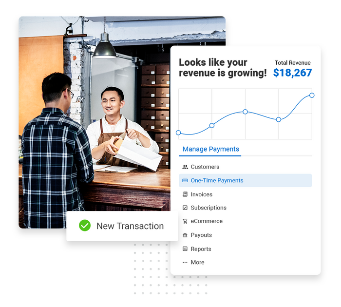 Man checks out at store overlaid with revenue growth chart and a checkmark that says "new transaction" retail payments software