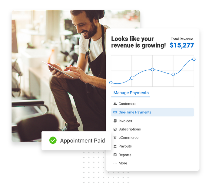 Smiling barber overlaid with revenue growth chart and a checkmark that says "Appointment paid" salon payments software