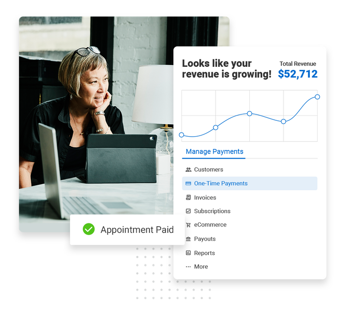 Smiling therapist with tablet overlaid with revenue growth chart and a checkmark that says "appointment paid" therapist payments software