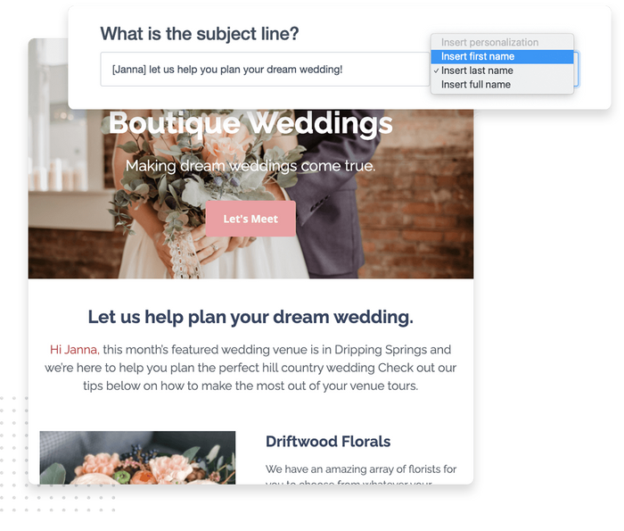 Wedding planner email marketing template overlaid with easy-to-use editor Email marketing subject line editor
