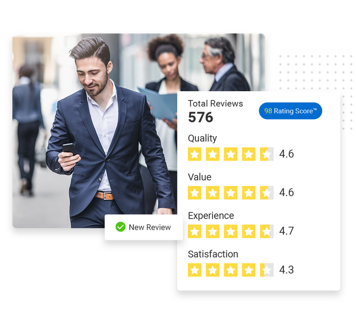 Man smiling down at his phone overlaid with checkmark that says 'New review' and a reviews graphic Accountant reputation management