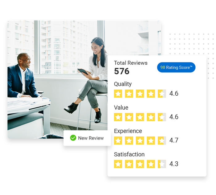 Smiling consultant with client overlaid with a total reviews graphic and a checkmark that says 'new review' Consultant reputation management