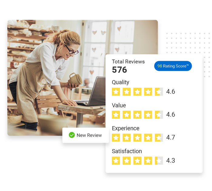 Smiling woman looking at laptop overlaid with a total reviews graphic and a checkmark that says 'new review' E-commerce reputation management