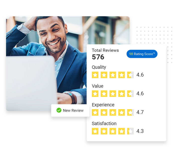 Smiling man looking at laptop overlaid with a total reviews graphic and a checkmark that says 'new review' Financial reputation management