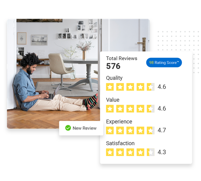 Man working on laptop sitting on the floor overlaid with a total reviews graphic and a checkmark that says 'new review' Flooring reputation management