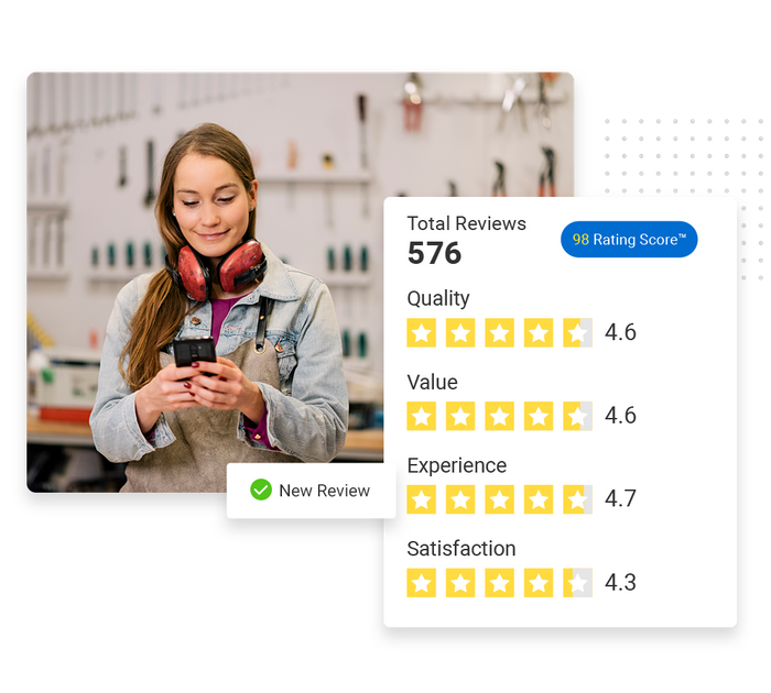 Garage door contractor with smartphone overlaid with a total reviews graphic and a checkmark that says 'new review' Garage door contractor reputation management