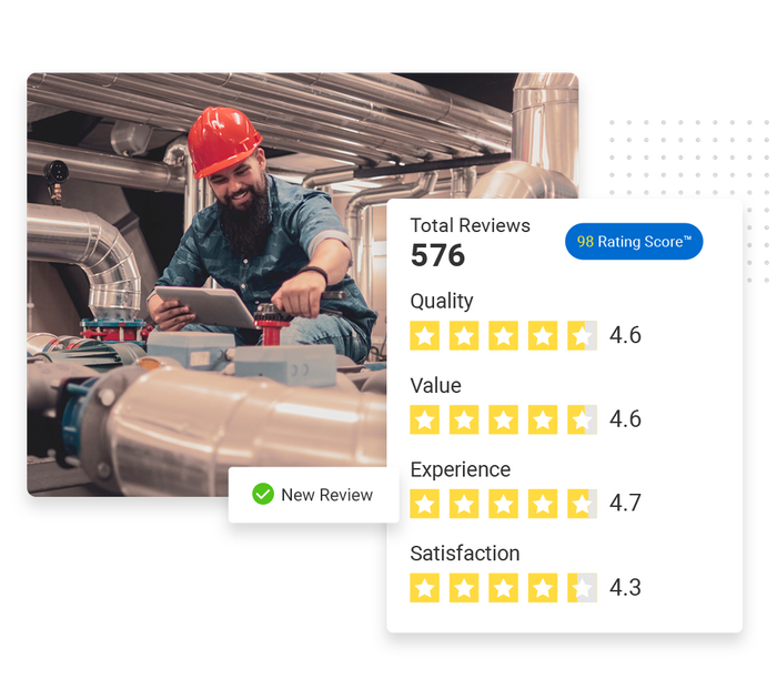 HVAC contractor looking at tablet overlaid with a total reviews graphic and a checkmark that says 'new review' HVAC reputation management