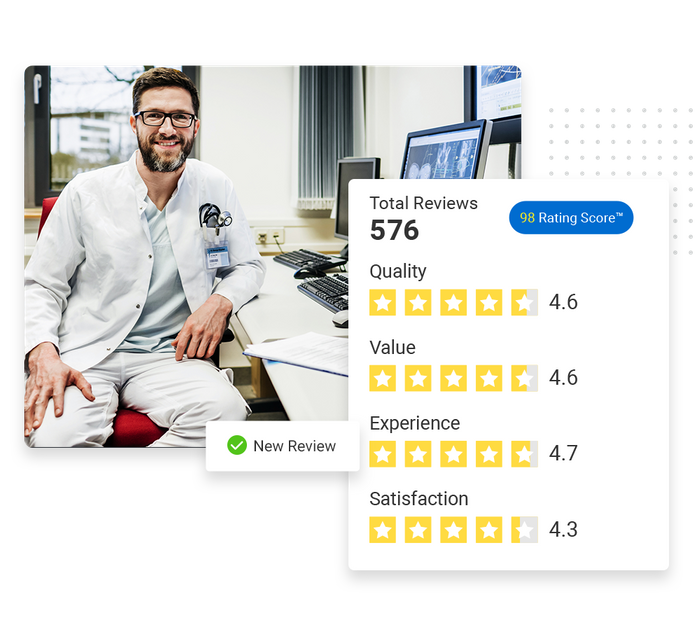Smiling doctor sits at desk overlaid with a total reviews graphic and a checkmark that says 'new review' medical reputation management