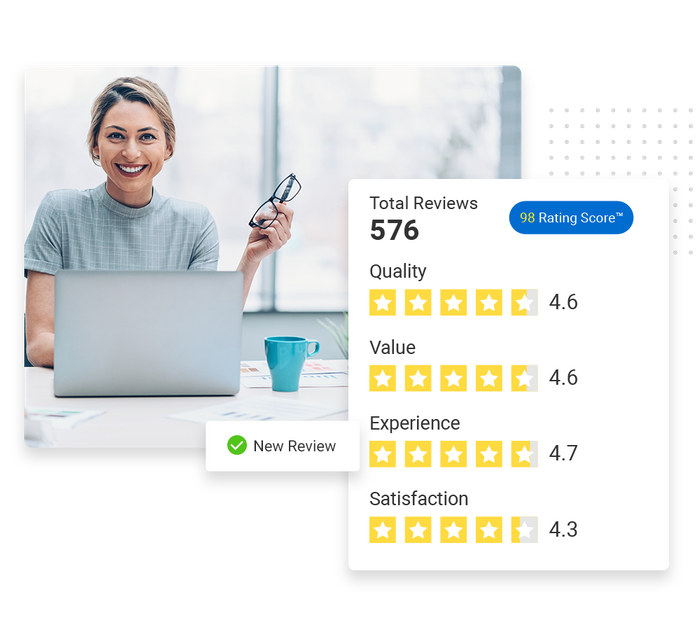 Woman holding glasses with laptop overlaid with a total reviews graphic and a checkmark that says 'new review' Eye doctor reputation management