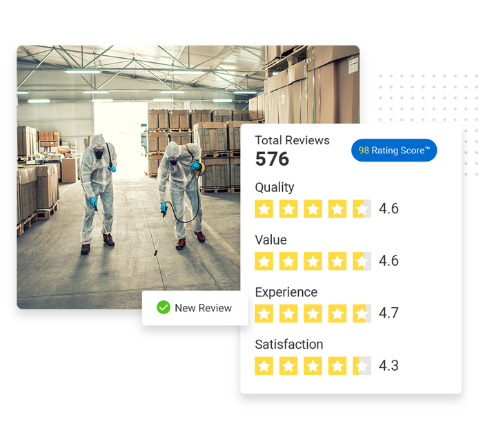 Suited pest control technicians overlaid with a total reviews graphic and a checkmark that says 'new review' pest control reputation management