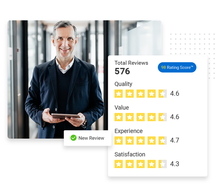 Smiling man with tablet overlaid with a total reviews graphic and a checkmark that says 'new review' reputation management for small business