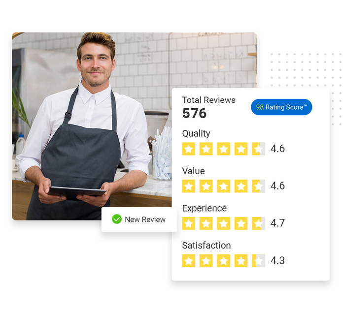 Restaurant owner with tablet overlaid with a total reviews graphic and a checkmark that says 'new review' restaurant reputation management
