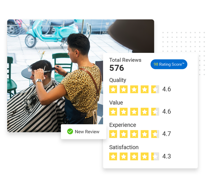 Hair stylist with client overlaid with a total reviews graphic and a checkmark that says 'new review' salon reputation management