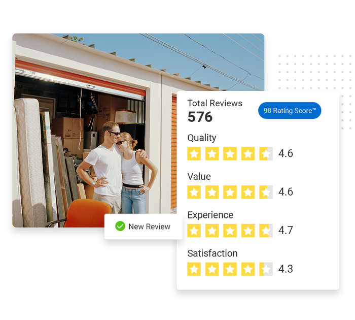 Couple outside of storage unit overlaid with a total reviews graphic and a checkmark that says 'new review' self storage reputation management