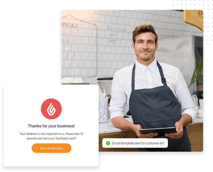 Smiling man in a cafe holding a tablet overlaid with feedback request Email template review request