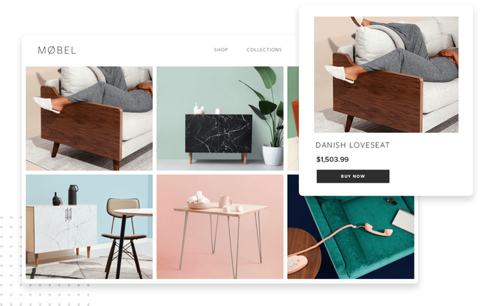 An e-commerce website that sells furniture overlaid with product details for a Danish loveseat E-commerce website and product page