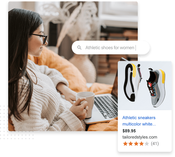Woman working on a laptop with mug overlaid with Google Shopping ad for sneakers Sneakers Google Shopping Ad