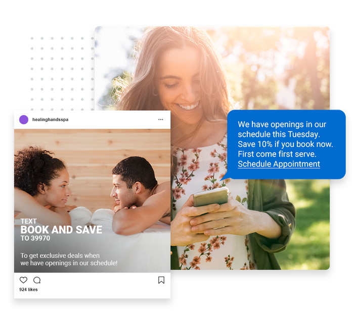 Smiling woman looking at phone overlaid with a marketing text and social ad for a spa spa text message marketing