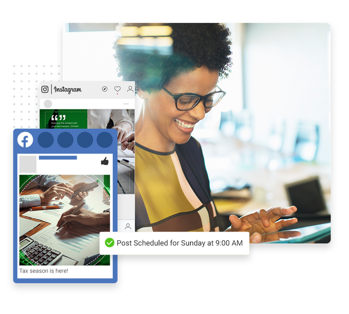 Smiling woman using tablet overlaid with Instagram and Facebook posts and a checkmark indicated a post was scheduled Accountant social media management