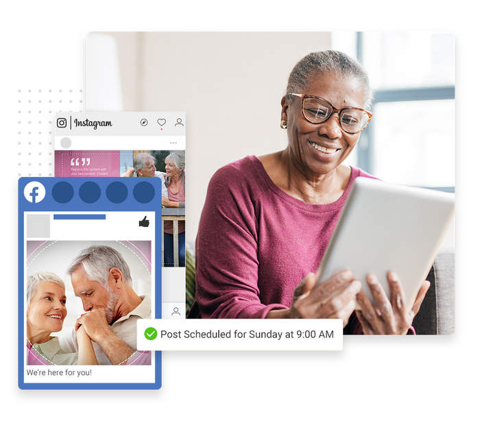 Smiling older woman with tablet overlaid with Instagram and Facebook posts and a checkmark indicating a post is scheduled Assisted living social media scheduler