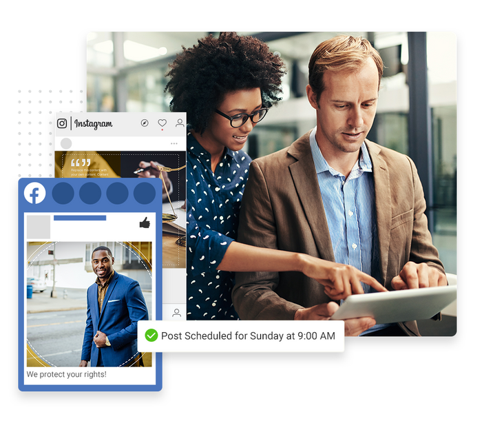 Couple looking at tablet overlaid with Facebook and Instagram posts and a check mark indicating social posts were scheduled Social media scheduling tool