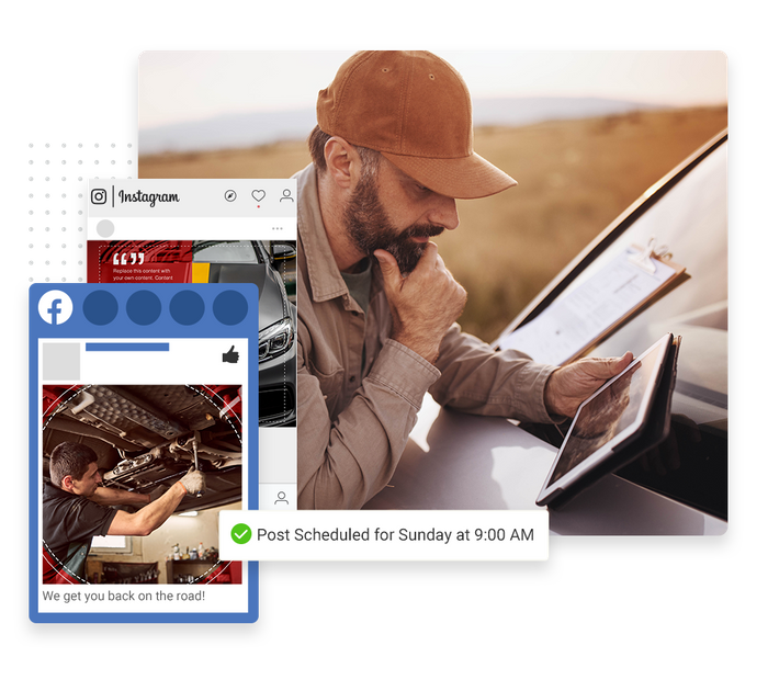 Man leaning against car looking at tablet overlaid with social posts and a checkmark indicating social posts were scheduled Auto shop social media scheduling tool