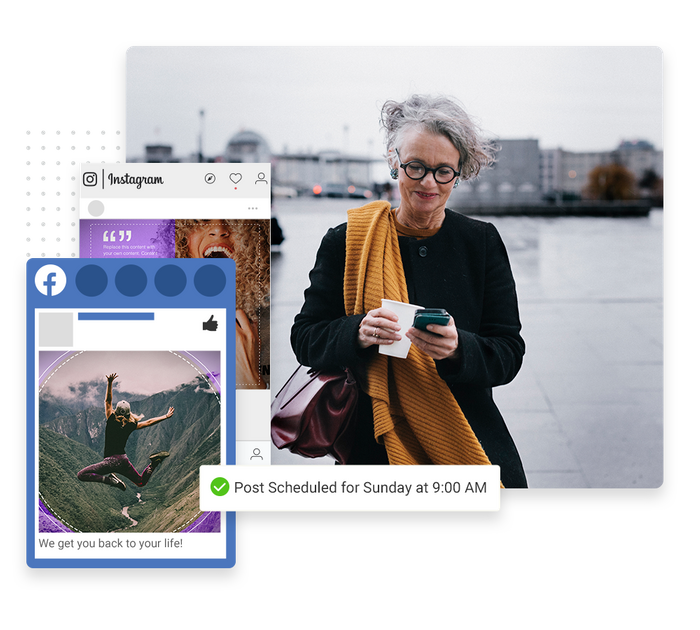 Smiling woman looking at phone overlaid with social posts and a checkmark indicating social posts were scheduled Chiropractor social media management