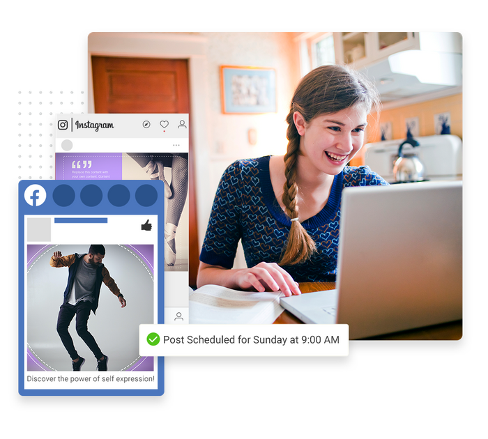Smiling young woman looking at laptop overlaid with social posts and a checkmark indicating social posts were scheduled Dance studio social media management