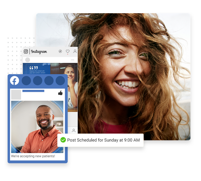 Smiling woman with hair in her face overlaid with dentist social posts and a checkmark indicating social posts were scheduled Dentist social media management