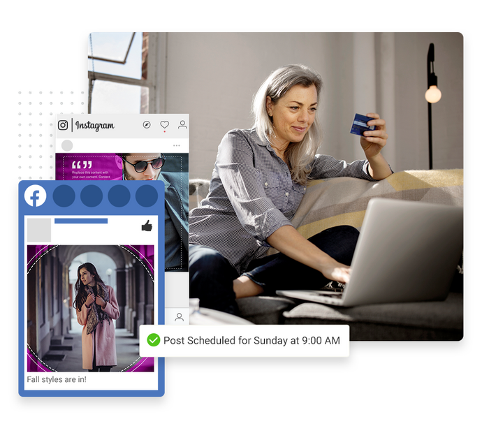Smiling woman with credit card and laptop overlaid with social posts and a checkmark indicating social posts were scheduled E-commerce social media management