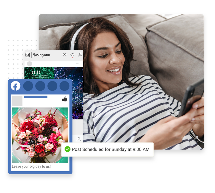 Woman wearing headphones looking at phone overlaid with social posts and a checkmark indicating social posts were scheduled Event planner social media marketing