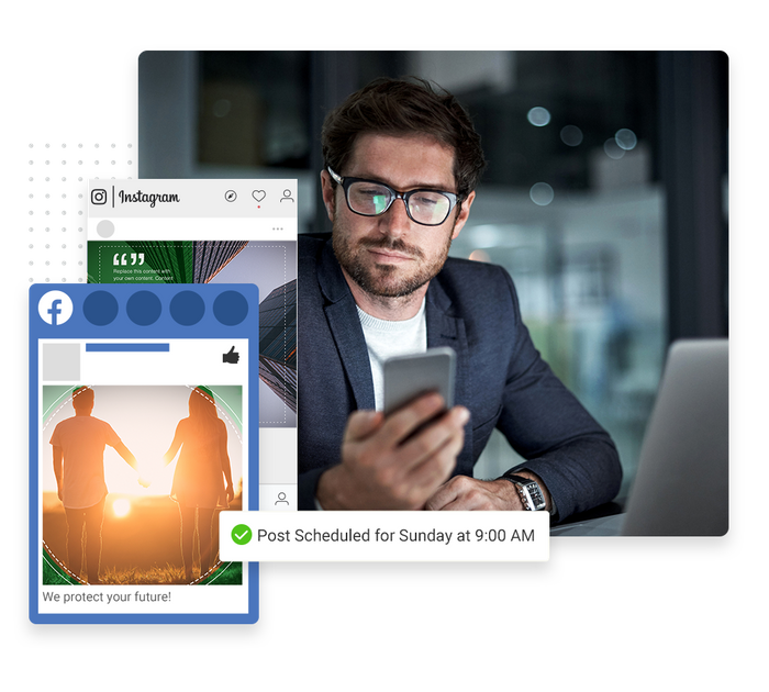 Financial advisor looking at smartphone overlaid with social posts and a checkmark indicating social posts were scheduled Financial social media marketing