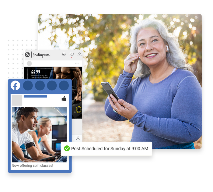 Woman with headphones and smartphone overlaid with social posts and a checkmark indicating social posts were scheduled Fitness social media marketing