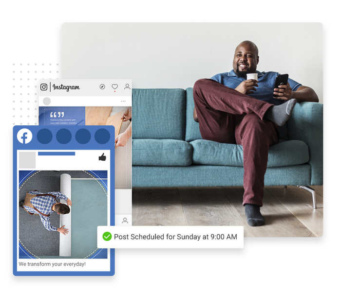 Smiling man with coffee and a phone overlaid with social posts and a checkmark indicating social posts were scheduled Flooring social media marketing