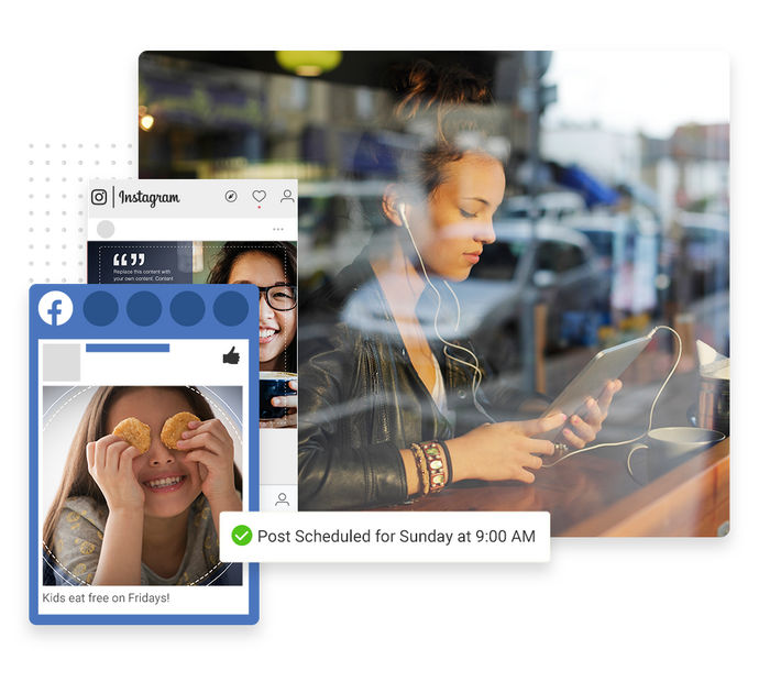 Woman sitting in coffee shop with tablet overlaid with social posts and a checkmark indicating social posts were scheduled Franchise social media marketing